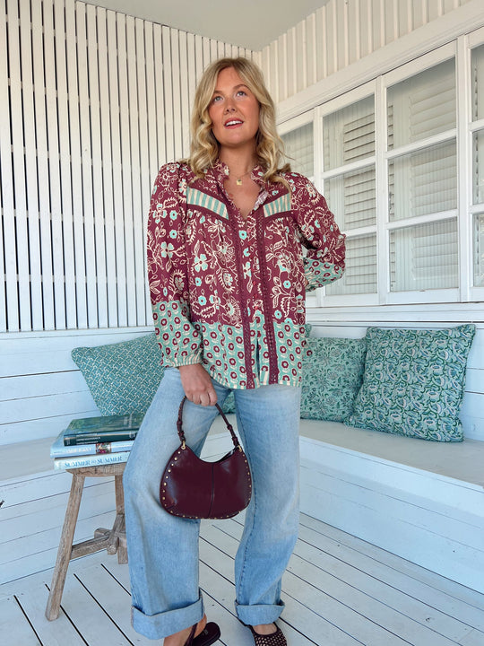 Jaase Bee Blouse Top with Mandarin Collar V Neck Buttons Lace Detail - Athena