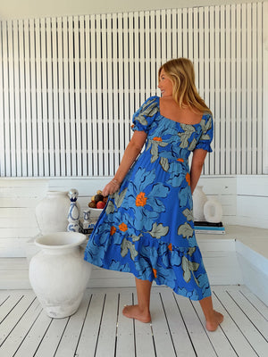 Jaase Rini Midi Dress V Neck Off Shoulder Elastic Waist - Blue Bell - Style House Fashion Jaase