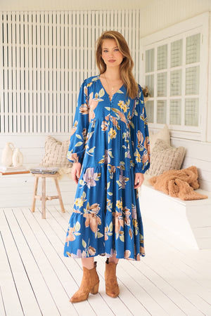 Jaase Eve Midi Dress with V-Neck Buttons Long Sleeve - Georgia Blue - Style House Fashion Jaase Jaase