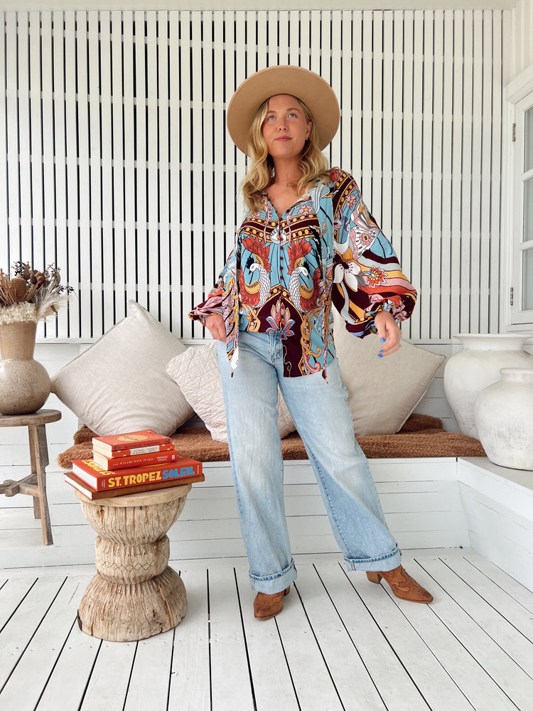 Jaase Imogen Blouse Top with V Neck Tie Buttoned Front - Wild Hearts - Style House Fashion Jaase