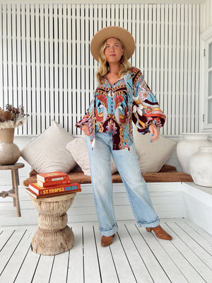 Jaase Imogen Blouse Top with V Neck Tie Buttoned Front - Wild Hearts - Style House Fashion Jaase