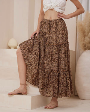 Iris Maxi Danielle Maxi Skirt with Drawstring Waist Tiered Skirt - Leopard - Style House Fashion