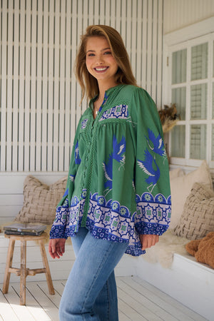 Jaase Bee Blouse Top with Mandarin Collar V Neck Buttons Lace Detail - Bluebird - Style House Fashion Jaase