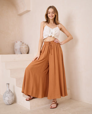 Iris Maxi Palazzo Pants Drawstring Waist Wide Leg - Rust - Style House Fashion