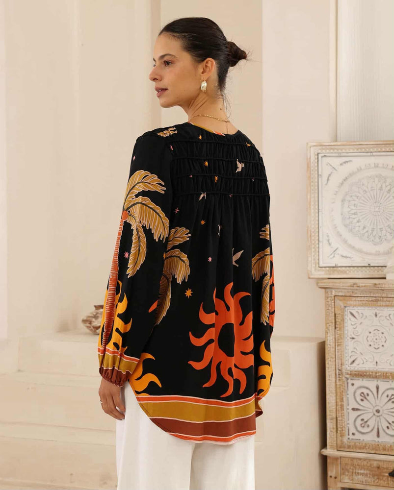 Iris Maxi Anna Cotton Blouse with V Neck Longline Back Billowy Sleeve - Sunburst
