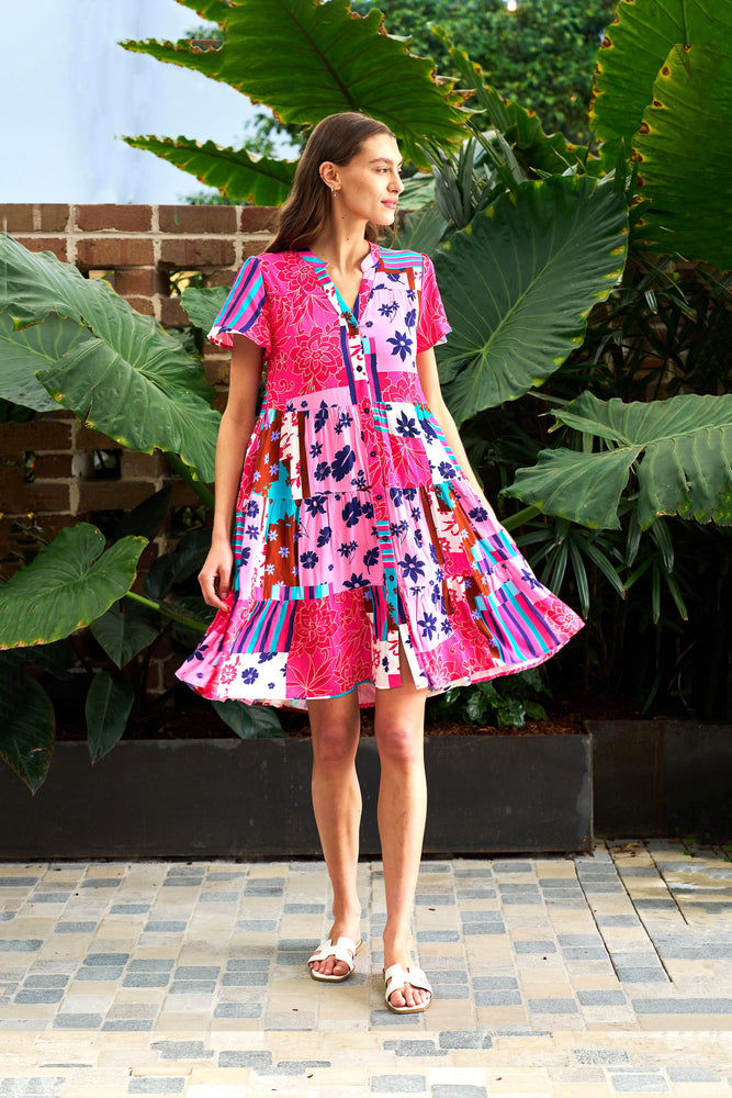 Boho Australia Welch Mini Dress with V-Neck Buttons Pockets - Pink Patch