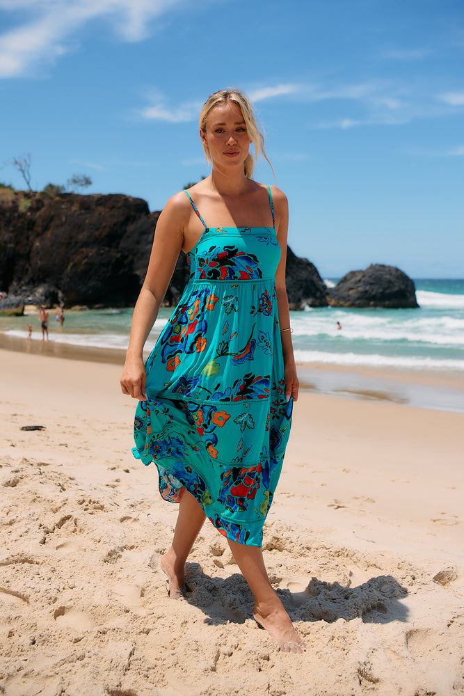 Jaase Heidi Midi Dress with Square Neck Shirred Back Adjustable Straps - Isla Mare - Style House Fashion Jaase Jaase