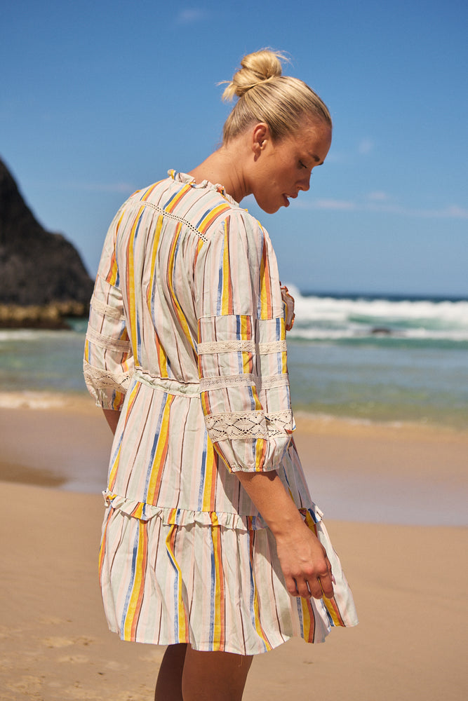 Jaase Remy Mini Dress with Pockets Drawstring Waist Half Sleeve Button Bodice - Coloured Sands - Style House Fashion Jaase Jaase