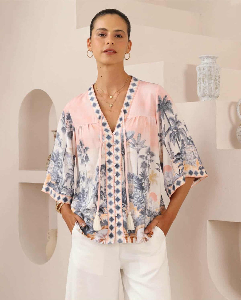Iris Maxi Hannah Blouse Top with Tie V-Neck Sleeve Buttons - Pink Paradise