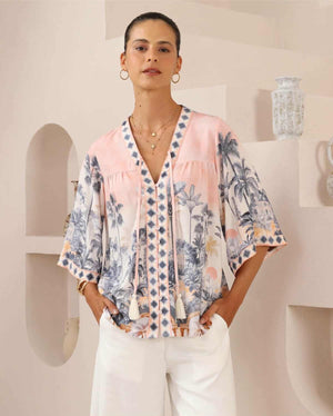 Iris Maxi Hannah Blouse Top with Tie V-Neck Sleeve Buttons - Pink Paradise