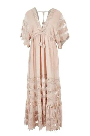 Jaase Bungalow Cotton Maxi Dress with V-Neck Lace Drawstring Batwing Sleeve - Mocha - Style House Fashion Jaase