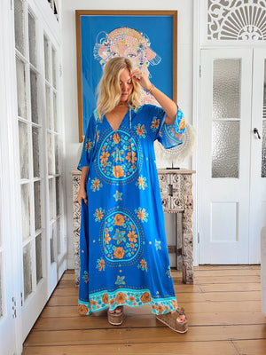 Jaase Bree Maxi Dress with V Neck Button Bodice Hankerchief Sleeve - Riviera - Style House Fashion Jaase