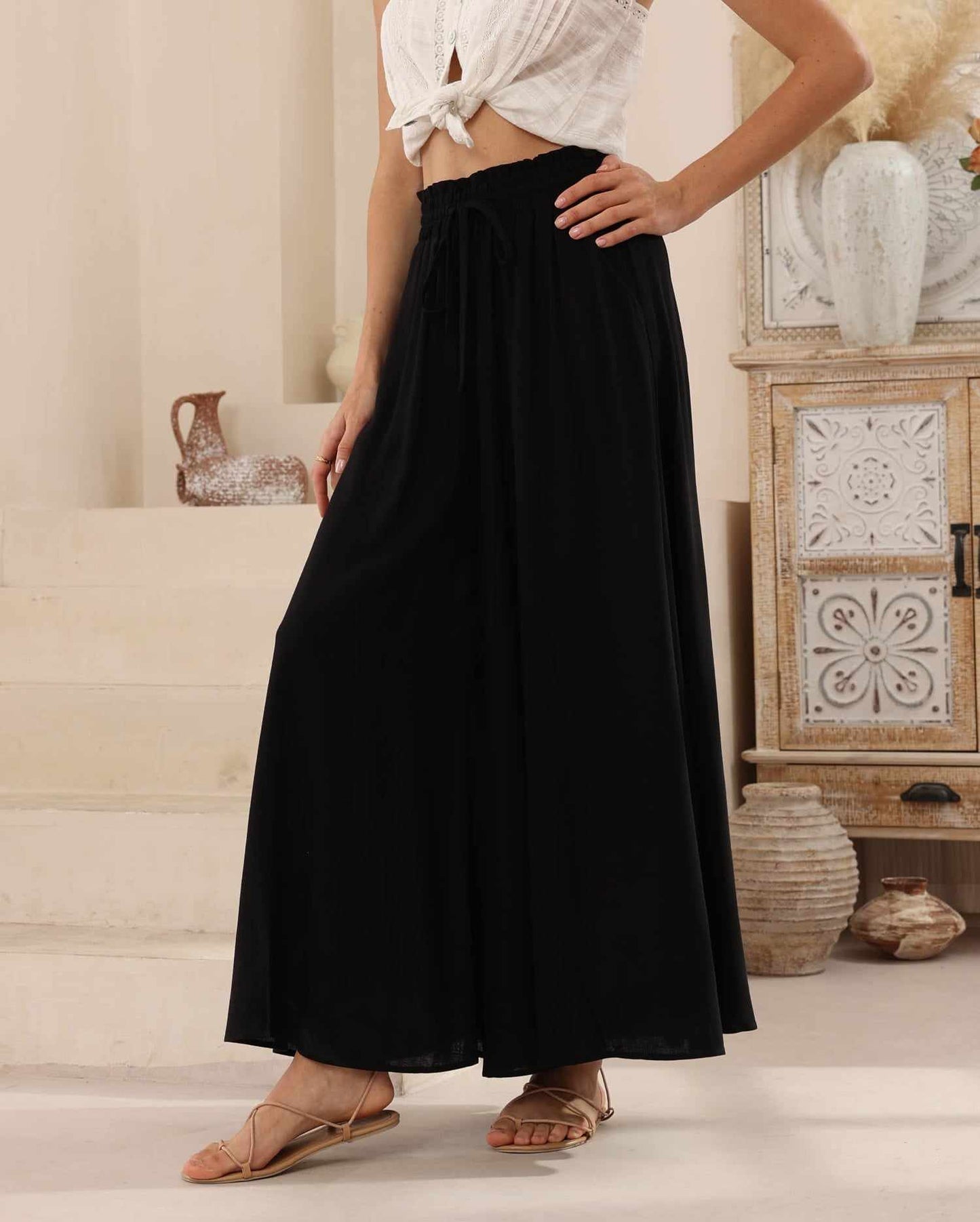Iris Maxi Palazzo Pants Drawstring Waist Wide Leg - Black - Style House Fashion Iris Maxi