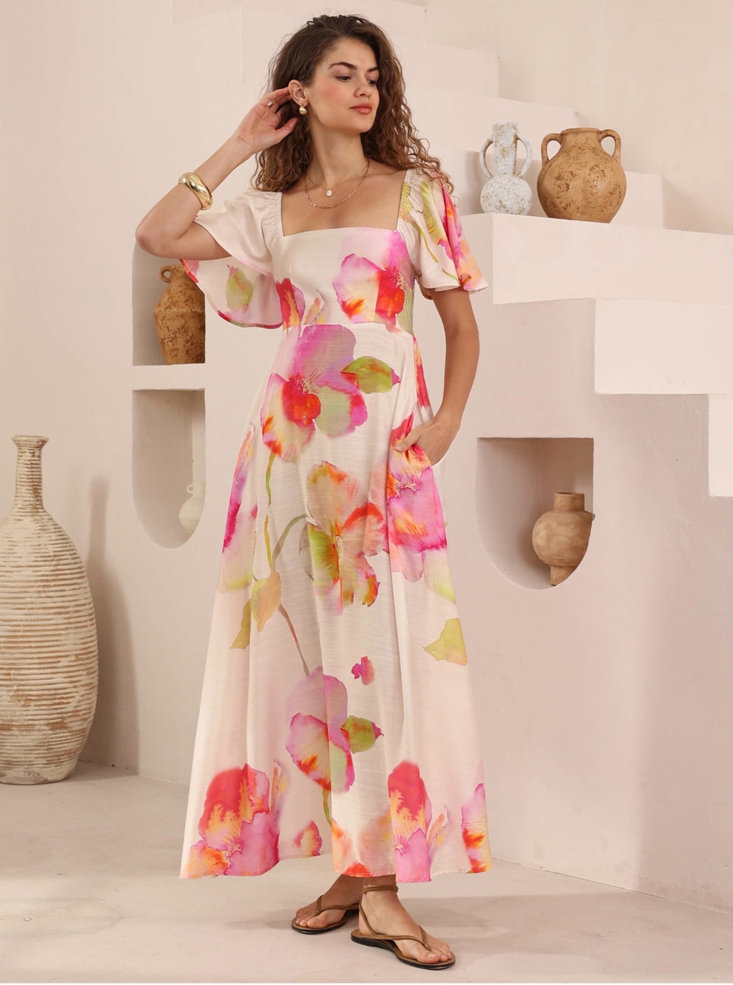 Iris Maxi Charlotte Maxi Dress with Shirred Bodice Flutter Sleeve - Pink Petal - Style House Fashion Iris Maxi