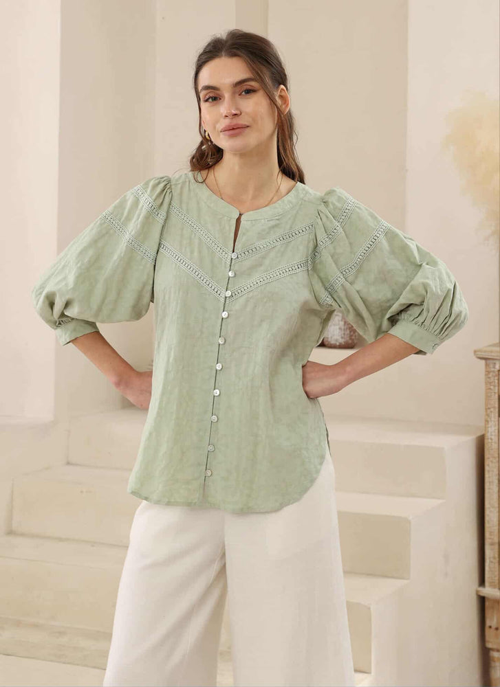 Iris Maxi Abby Cotton Blouse Top with Lace Detail V-Neck Puff Sleeve Buttons - Pistachio - Style House Fashion