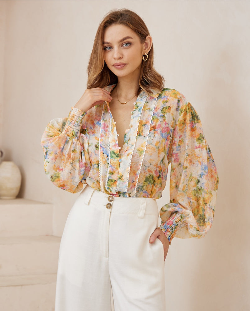 Iris Maxi - Maya Blouse Top with Collar Long Sleeve Buttons - Bouquet - Style House Fashion Iris Maxi