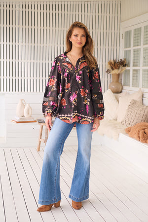 Jaase Eliza Blouse with V-Neck Lace Buttons Balloon Sleeve - Monarch Bloom - Style House Fashion