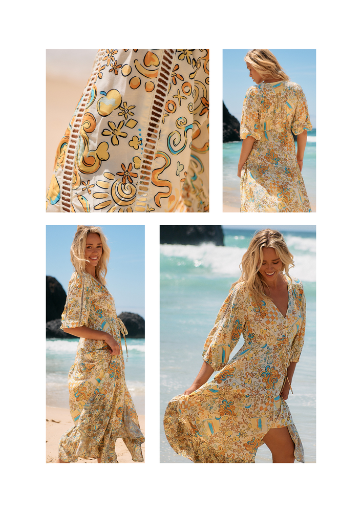 Jaase Ebony Maxi Dress with Half Sleeve V Neck Crochet Pockets - Sonnie