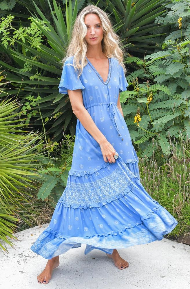 Jaase Lolana Maxi Dress with V Neck Flutter Sleeve Drawstring - Azure Sky - Style House Fashion Jaase