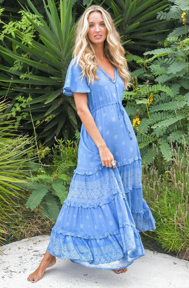 Jaase Lolana Maxi Dress with V Neck Flutter Sleeve Drawstring - Azure Sky - Style House Fashion Jaase