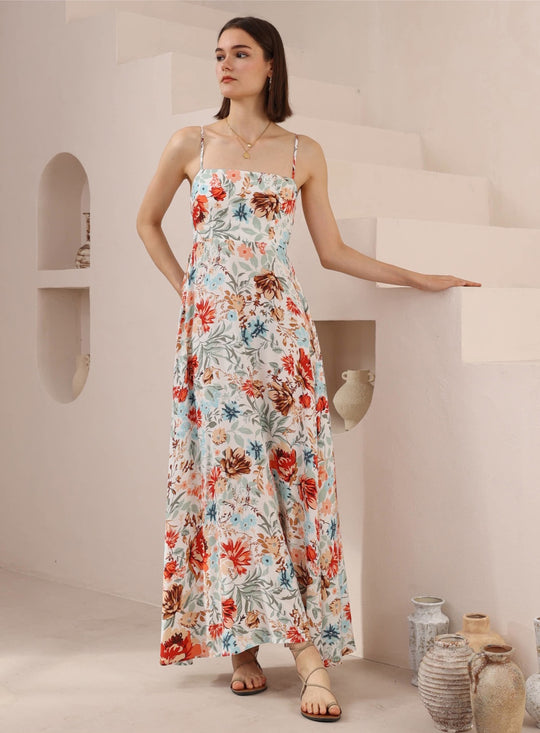 Iris Maxi Collette Maxi Dress with Square Neckline Pockets Spaghetti Strap - Blue Bloom