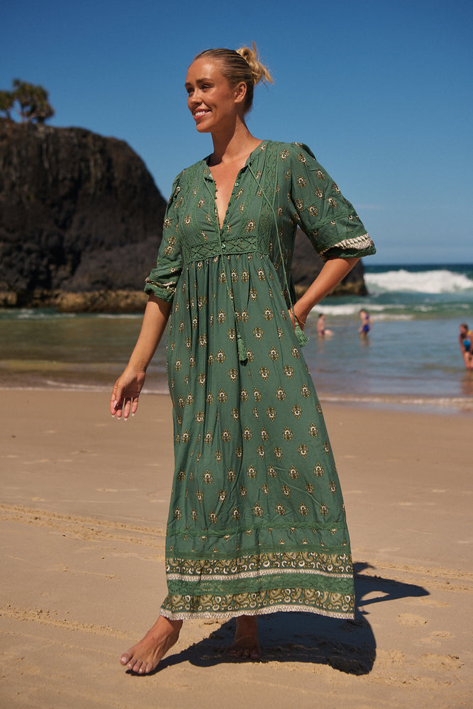 Jaase Meadow Maxi Dress with V Neck Button Bodice - Viridian