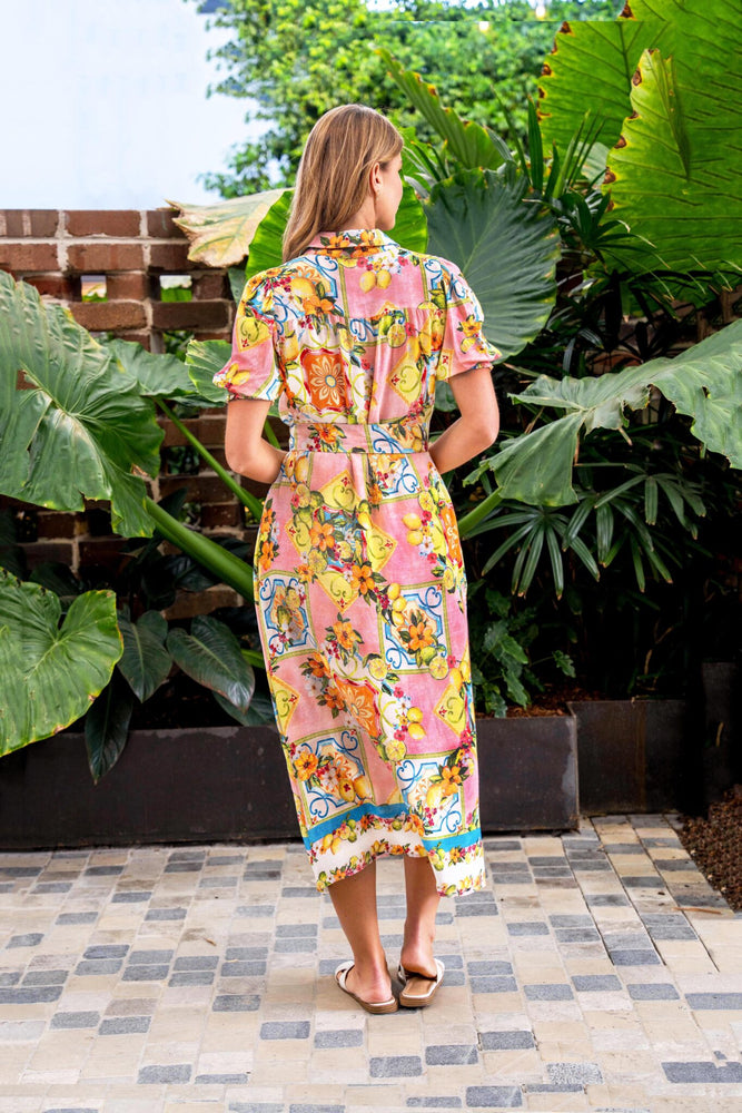 Boho Australia Aamina Midi Dress with V-Neck Buttons Pockets - Lemon Floral