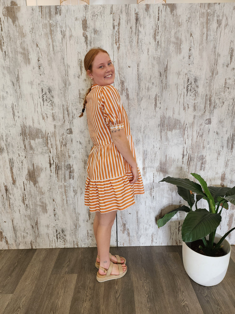 Joop & Gypsy Stripe Mini Dress V Neck Pockets - Pumpkin Striped - Style House Fashion Joop and Gypsy Joop and Gypsy Joop and Gypsy Joop and Gypsy Joop and Gypsy Joop and Gypsy