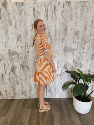Joop & Gypsy Stripe Mini Dress V Neck Pockets - Pumpkin Striped - Style House Fashion Joop and Gypsy Joop and Gypsy Joop and Gypsy Joop and Gypsy Joop and Gypsy Joop and Gypsy