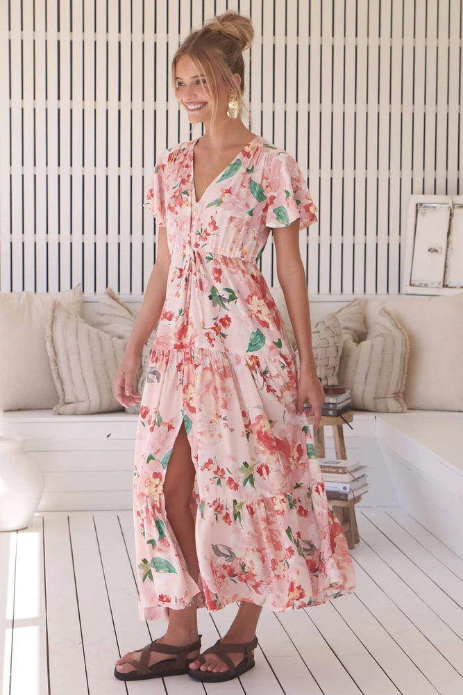 Jaase Teresia Maxi Dress with Flutter Sleeve V Neck Button Bodice Drawstring Waist - Alessia