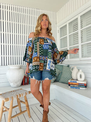 Jaase Clover Top Blouse with Off Shoulder Boho Sleeve - Emerald Cove - Style House Fashion Jaase