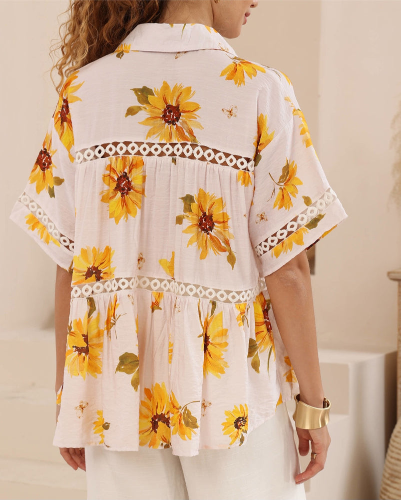 Iris Maxi Pippa Blouse Top with Collar V-Neck Sleeve Buttons - Daisy