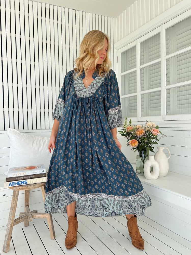 Jaase Boheme Midi Dress with Mandarin Collar V Neck Pockets - Nico - Style House Fashion Jaase Jaase
