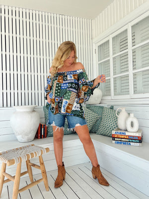Jaase Clover Top Blouse with Off Shoulder Boho Sleeve - Emerald Cove - Style House Fashion Jaase