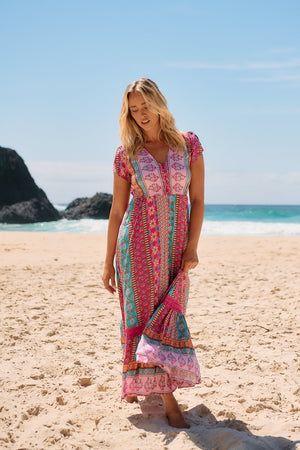 Jaase Carmen Maxi Dress with Cap Shell Sleeve V Neck Pockets Buttoned - Cedella - Style House Fashion Jaase Jaase Jaase