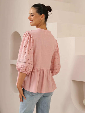 Iris Maxi Anna Cotton Blouse Top with Lace Detail V-Neck Sleeve Buttons - Baby Pink