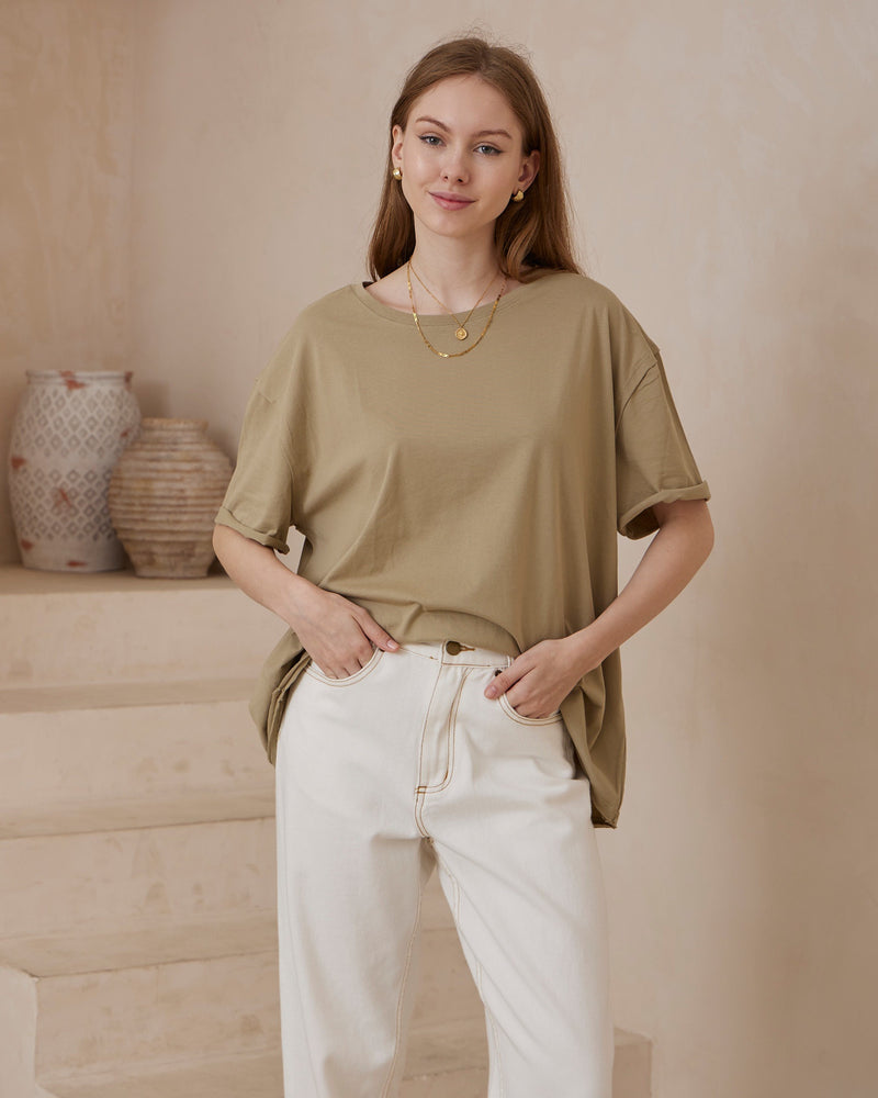 Iris Maxi Tia Basic Oversized T'Shirt with Round Neck Raw Edge - Khaki - Style House Fashion