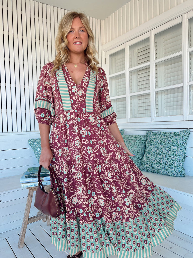 Jaase Mila Midi Dress with V Neck Buttoned Bodice Half Sleeve - Athena - Style House Fashion Jaase