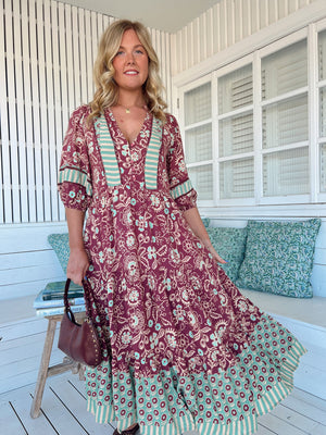 Jaase Mila Midi Dress with V Neck Buttoned Bodice Half Sleeve - Athena - Style House Fashion Jaase