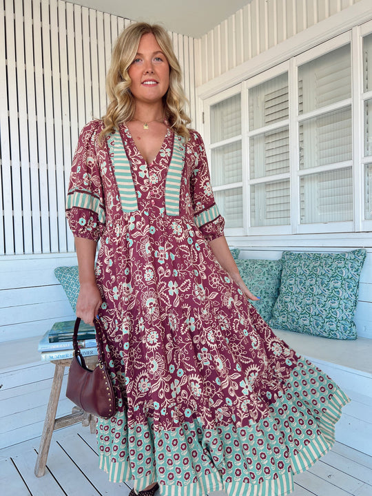 Jaase Mila Midi Dress with V Neck Buttoned Bodice Half Sleeve - Athena