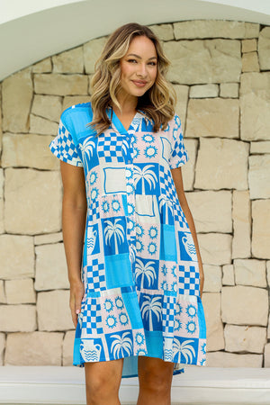 Joop & Gypsy Kimmy Mini Dress V Neck Pockets - Blue Palm