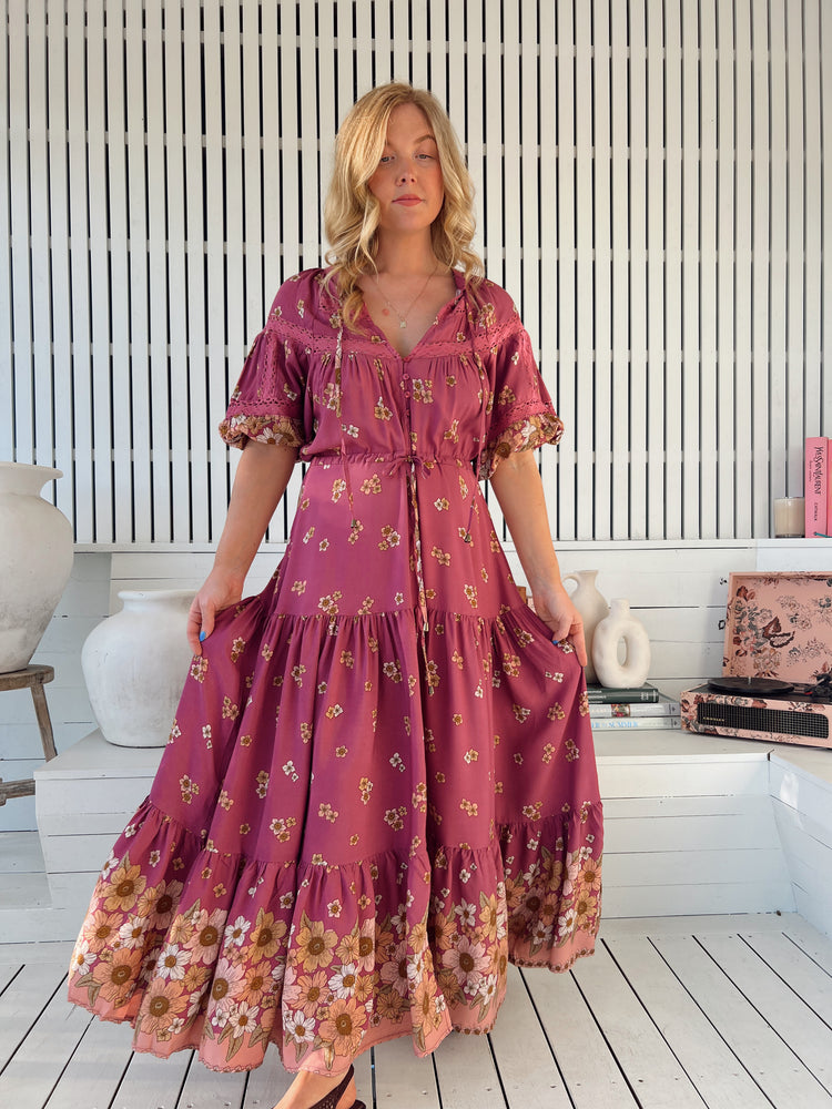 Jaase Elsa Maxi Dress with Button Bodice Puff Sleeve Lace Detail - Bee Orchid - Style House Fashion Jaase