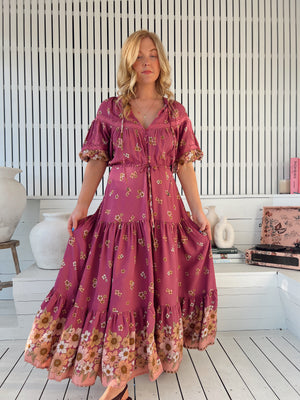 Jaase Elsa Maxi Dress with Button Bodice Puff Sleeve Lace Detail - Bee Orchid - Style House Fashion Jaase
