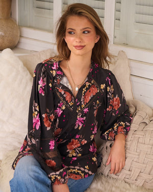 Jaase Eliza Blouse with V-Neck Lace Buttons Balloon Sleeve - Monarch Bloom - Style House Fashion