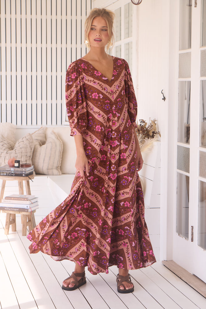 Jaase London Maxi Dress with V Neck Relaxed Shift - Savanna - Style House Fashion Jaase