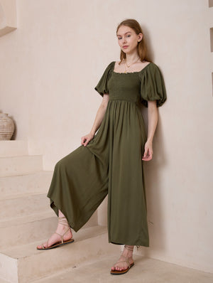 Iris Maxi Sienna Jumpsuit with Shirred Bodice Pockets  - Khaki - Style House Fashion Iris Maxi