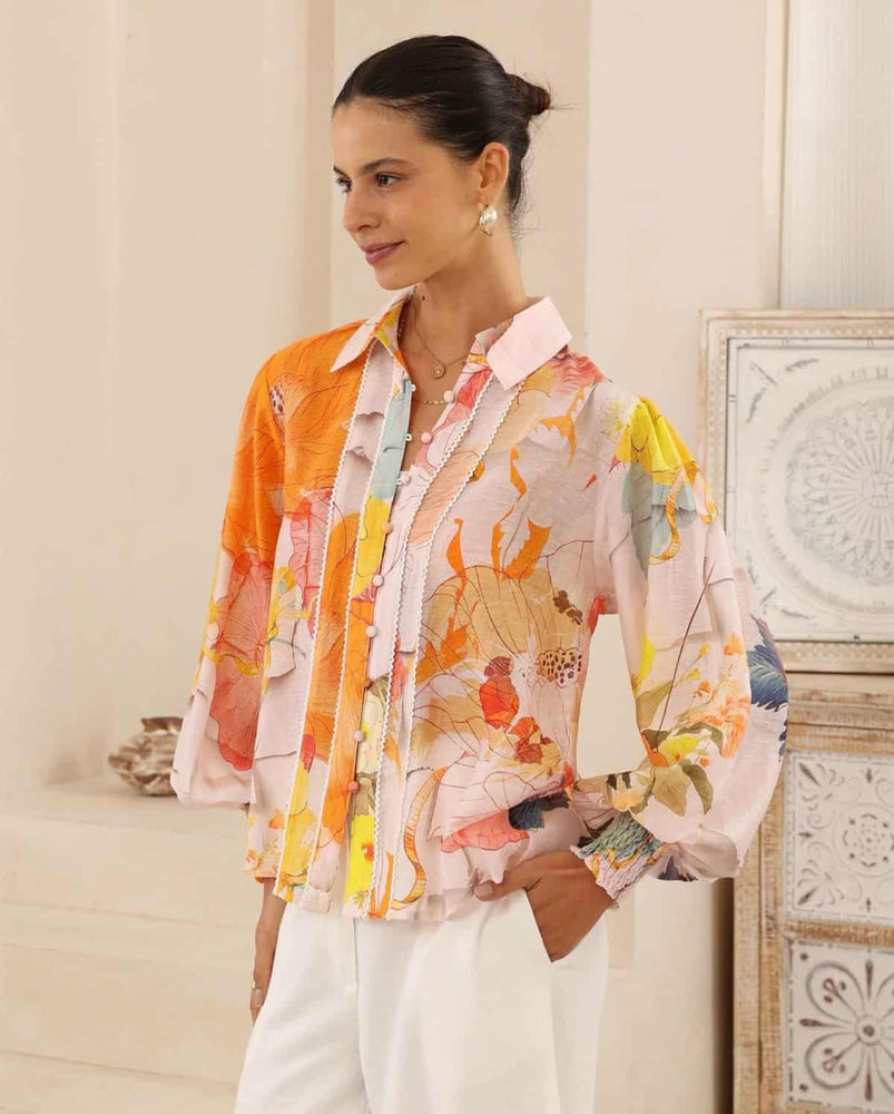 Iris Maxi Maya Blouse Top with Collar Long Sleeve Buttons - Citris Hibiscus