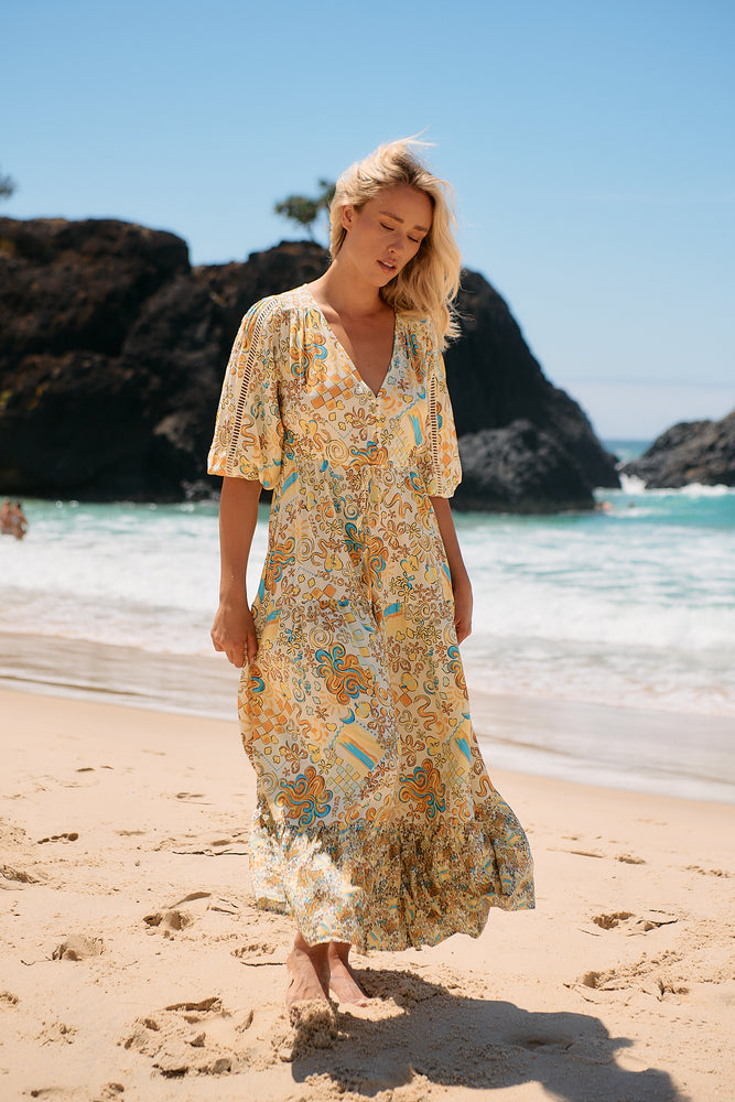 Jaase Ebony Maxi Dress with Half Sleeve V Neck Crochet Pockets - Sonnie - Style House Fashion Jaase