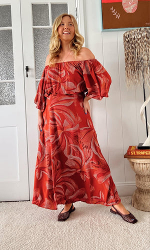 Jaase Hallie Maxi Dress with Off Shoulder A-Line Skirt Puff Sleeve - Hibiscus