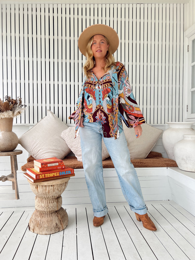 Jaase Imogen Blouse Top with V Neck Tie Buttoned Front - Wild Hearts - Style House Fashion Jaase